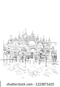 venice square in the rain cathedral vector illustration, flood, san marco