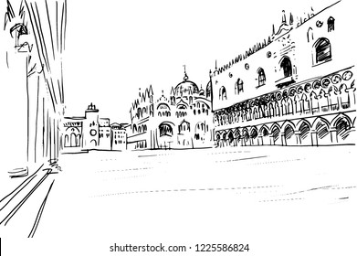 venice square in the rain cathedral vector illustration, flood, cathedral san marco