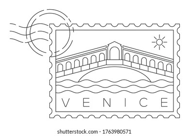 Venice stamp, minimal linear vector illustration and typography design, Italy