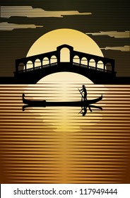 Venice at sunset with gondora and rialto bridge background, vector silhouette