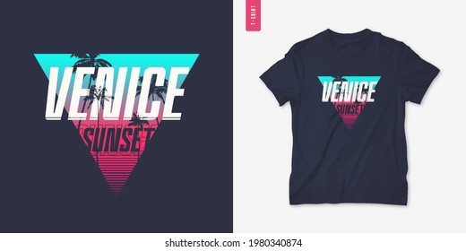 Venedig sunset Grafik-T-Shirt Design mit Palmpresse, Sommer Retro-Druck, Vektorgrafik.