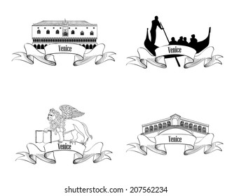 Venice symbol set. Gondola, Rialto Bridge, Doge palace, San Marco Lion. Venice landmarks. Travel Italy label sketch collection. City labels.