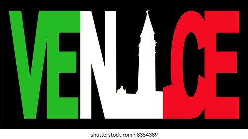 Venice text with campanile and Italian flag illustration