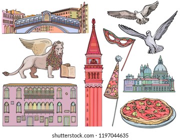 Venice tourist attractions sketch set. Vector illustration