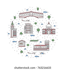 Venice travel tour poster with national architectural attractions. Italian famous landmarks and traditional symbols on white background. Touristic advertising vector layout in trendy linear style.