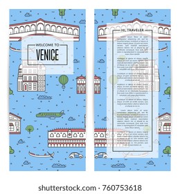 Venice traveling flyers set with famous monuments. Touristic tour advertising for travel agency, european voyage vector illustration. Italian traditional architectural landmarks in linear style.