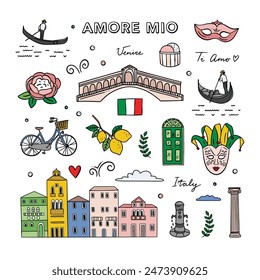 Clipart del Vector de Venecia. Ilustraciones de Italia dibujadas a mano. Clipart de Italia sobre fondo blanco