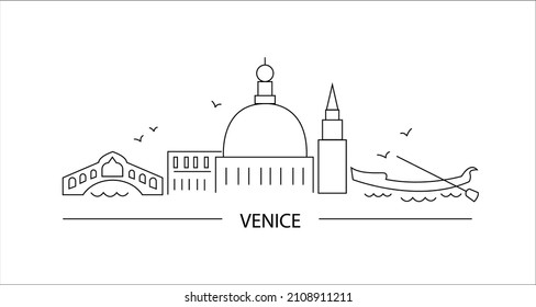 Venice vector illustration in the art line style. Black lines on the white background. Elegant style for traveling brochures, banners, stickers, cards. Italian city.