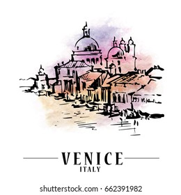 Venice vector illustration made in sketchy style. Watercolor background.