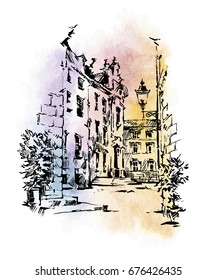 Venice vector illustration made in sketchy style. Brushpen artwork and watercolor background.