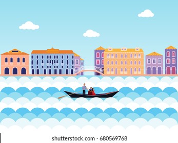 Venice vector illustration pattern.
Vector illustration of Venice architecture panorama with water transport. Italy vector illustration. Grand Canal. Gondola