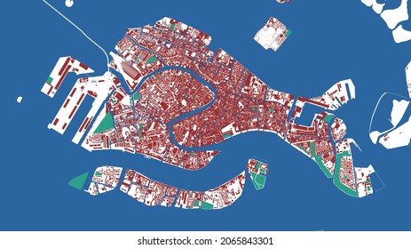 Venice vector map. Detailed map of Venice city administrative area. Cityscape panorama. Royalty free vector illustration. Outline map with buildings, water, forest. Tourist decorative street map.