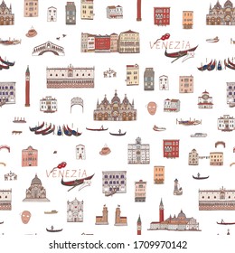 Venice Venezia Italy city map hand drawn seamless line vector color pattern 