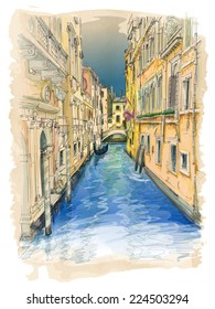 Venice - water channel, old buildings & gondola away. Vector drawing