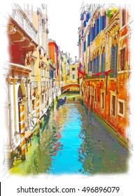 Venice - water channel, old buildings & gondola away. Vector drawing