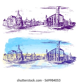 Venice.Italy.Vector Illustration Of The Grand Canal In Venice, Italy With Houses And Water, Drawn In Sketch Style. 