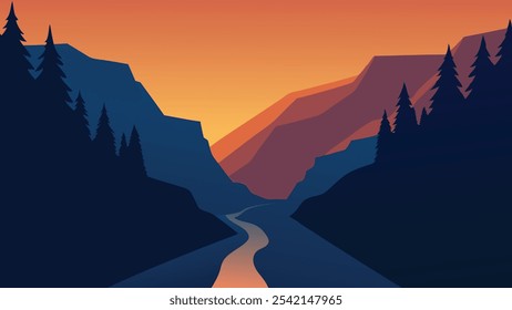 Vening view of Cheile Turzii Turzii's Gorge canyon, large natural preserve with marked trails for scenic gorge hikes flat vector illustration Nature background