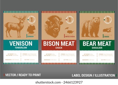 Venison, Bison, Bear Farm and Game Meat Packaging Label vector design set. Including hand drawn rustic illustration on craft paper pack. Badge with county of produce and type of meat cuts