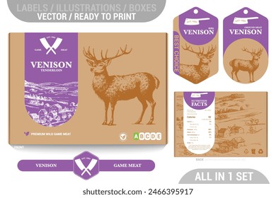 Venison game meat packaging design set featuring detailed hand drawn illustrations, accents and informative labels. Perfect for farms, butchers, and supermarkets seeking a high quality meat 