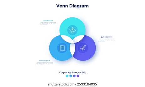 Gráfico de Venn com três elementos circulares intersetados. Conceito de 3 características do projeto da empresa. Modelo de design de infográfico corporativo. Ilustração simples de vetor plano para apresentação de negócios, relatório.