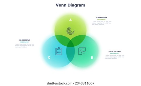 Gráfico venn con tres elementos redondos de color interseccionados. Concepto de 3 factores de desarrollo de proyectos de inicio. Simple plantilla de diseño de infografía plana. Ilustración vectorial moderna para el análisis lógico.