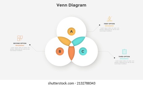 Venn chart with three intersected paper white circles.  Concept of intersection 3 business factors or areas. Simple flat infographic design template. Modern vector illustration for logic analysis.