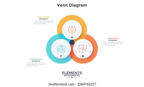 Venn chart with three overlapping circles or round elements. Concept of 3 areas or fields of strategic business plan. Simple infographic design template. Modern flat vector illustration for banner.
