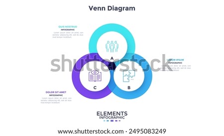 Venn chart with three overlapping circles or round elements. Concept of 3 areas or fields of strategic business plan. Simple infographic design template. Modern flat vector illustration for banner.