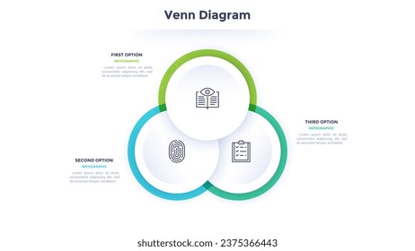 Gráfico venn con tres elementos circulares superpuestos. Concepto de 3 opciones de negocio para el análisis de datos. Plantilla mínima de diseño infográfico. Ilustración vectorial plana moderna para presentación empresarial.