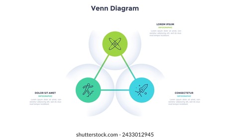 Carta de Venn con tres elementos circulares superpuestos. Concepto de 3 opciones de negocio para el análisis de datos. Plantilla de diseño de infografía mínima. Ilustración vectorial plana moderna para la presentación de negocios.