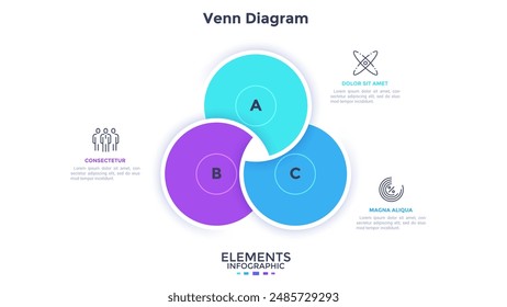 Venn chart with three overlaying circular elements. Concept of 3 business options for data analysis. Minimal infographic design template. Modern flat vector illustration for business presentation.