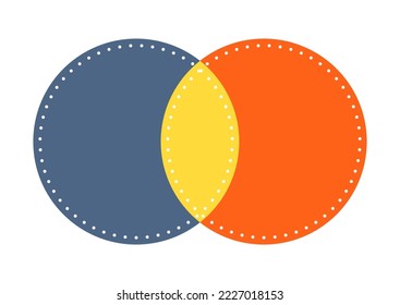 Diagrama de Venn 2 círculo con signo de infografía de gráfico de líneas punteadas. Dos círculos cruzados para la presentación de estadísticas de datos. Ilustración de diagrama de ventilación vacía vectorial plano.