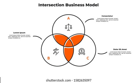 Venn diagram with 3 intersected circular elements. Concept of intersection business model with three circles. Simple infographic design template. Modern flat vector illustration for presentation.