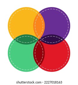 Diagrama de Venn 4 círculo con signo de infografía de la gráfica de línea de guión. Cuatro círculos cruzados para la presentación de estadísticas de datos. Ilustración de diagrama de ventilación vacía vectorial plano.