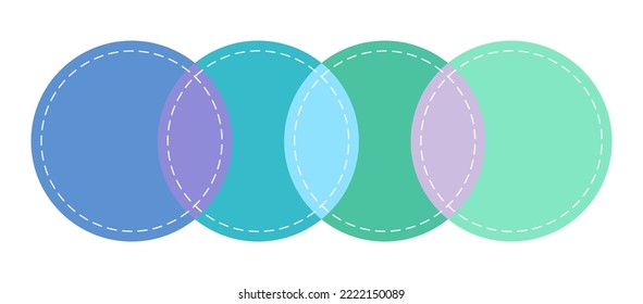 Diagrama de Venn 4 círculo en fila con signo de infografía de la gráfica de línea de guión. Cuatro círculos cruzados para la presentación de estadísticas de datos. Ilustración de diagrama de ventilación vacía vectorial plano.