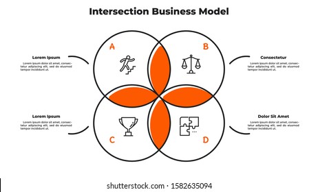 Venn diagram with 4 intersected circular elements. Concept of intersection business model with four circles. Simple infographic design template. Modern flat vector illustration for presentation.