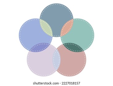 Diagrama de Venn 5 círculo con signo de infografía de la gráfica de línea de guión. Cinco círculos cruzados para la presentación de estadísticas de datos. Ilustración de diagrama de ventilación vacía vectorial plano.