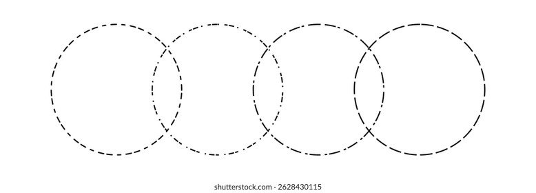 Venn diagram blank merge four dash line and dotted line circles chart infographic sign. 4 cross circles for data statistics presentation. Line art vector empty venn diagram illustration.