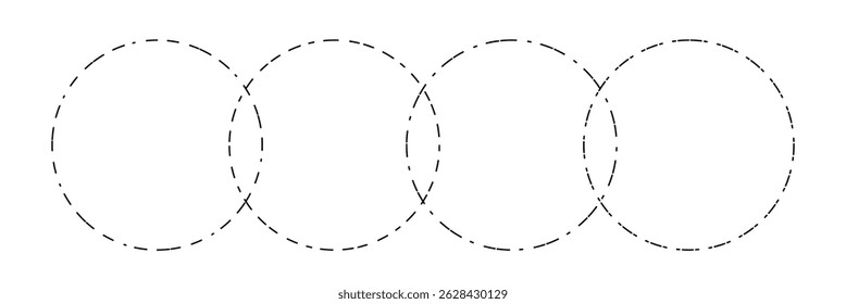 Venn diagram blank merge four dash line and dotted line circles chart infographic sign. 4 cross circles for data statistics presentation. Line art vector empty venn diagram illustration.