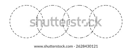 Venn diagram blank merge four dash line and dotted line circles chart infographic sign. 4 cross circles for data statistics presentation. Line art vector empty venn diagram illustration.