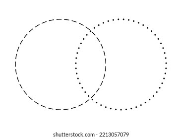 Venn diagram blank merge two dash line and dotted line circles chart infographic sign. 2 cross circles for data statistics presentation. Line art vector empty venn diagram illustration.