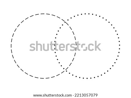 Venn diagram blank merge two dash line and dotted line circles chart infographic sign. 2 cross circles for data statistics presentation. Line art vector empty venn diagram illustration.