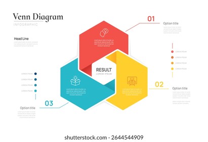 Venn diagram business infographic circle chart template 3 options steps, presentation with venn diagram elements vector illustration.