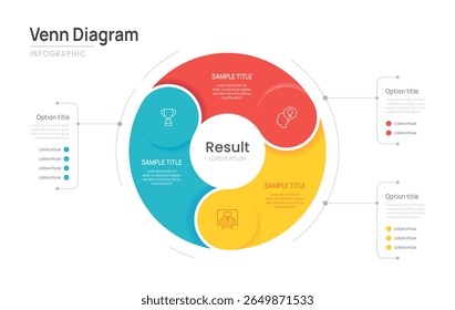 Venn diagram business infographic circle chart template 3 options, presentation with venn diagram elements vector illustration.