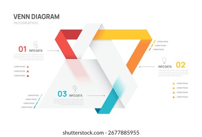 Venn diagram business infographic triangle circle chart template 3 color steps options, presentation with venn diagram elements vector illustration.
