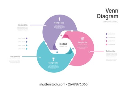 Venn diagram chart template business infographic circle 3 steps, presentation with venn diagram elements vector illustration.