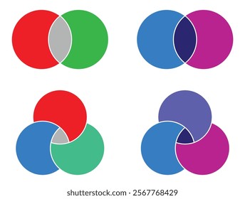 Venn diagram circle chart infographic template icon set on white background. Mathematical infographic 2 and 3 intersection area. Presentation with venn diagram. Venn diagram with overlapping circles.