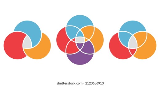 Venn Diagram Color Infographic Set. Three and Four Intersected Circle Infographic. 3, 4 Circles Chart Concept. Diagram Venn. Framework Business Graphic. Circular Empty Schema. Vector Illustration.