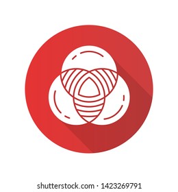 Venn diagram flat design long shadow glyph icon. Primary diagram. Three overlapping closed circles. Representation of relations. Comparisons among discrete categories. Vector silhouette illustration