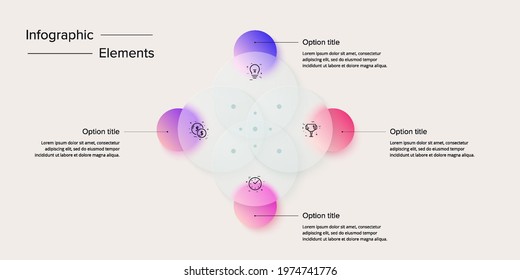 Venn Diagram In Glassmorphic Circle Infographic Template. 4 Overlapping Circular Shapes For Logic Graphic Illustration. Vector Info Graphic In Glassmorphism Design.